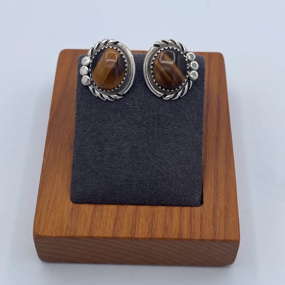 Vintage Natural Tiger’s Eye Earrings 925 Sterling Silver Southwestern Clip-On